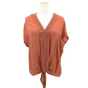 Rust Boho Tie Front Blouse Lace Trim PerSeption Concept XL Top